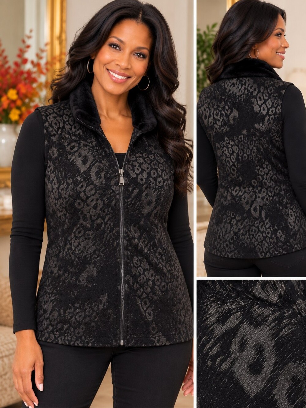 Vintage Y2K Toni Morgan M Black Burnout Velvet Faux Fur Collar Zip Front Vest